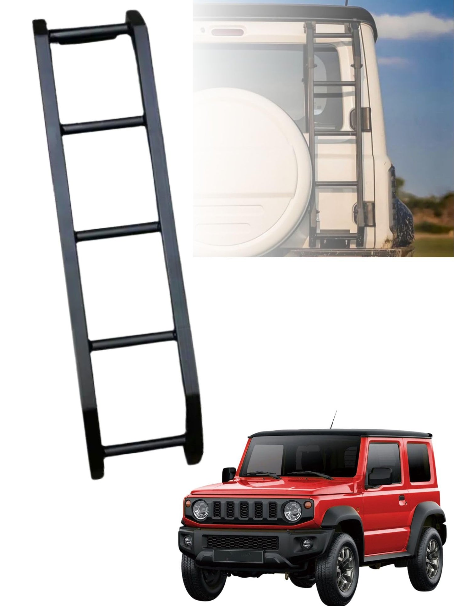 suzuki jimny ladder, rear ladder for jimny, suzuki jimny accessories, jimny 2018-2025 ladder, suzuki jimny rear ladder, no-drill jimny ladder, aluminum ladder for jimny, 2-door jimny ladder, 5-door jimny ladder, jimny roof access ladder, lightweight jimny ladder, durable rear ladder, suzuki jimny off-road ladder, car ladder for jimny, suzuki jimny exterior accessories