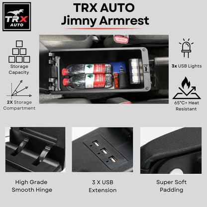 TRX AUTO Paded Armrest Storage Box With Double Layer Organizer and 3 USB Ports For Suzuki Jimny 3 & 5 Door JB64 JB74 (2019-2026)