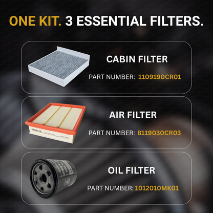 MOTOR FIT 3-in-1 Filter Service Kit for Changan Uni K (2021-2026), Cabin Air Filter + Engine Air Filter + Oil Filter, Complete Maintenance Replacement Set
