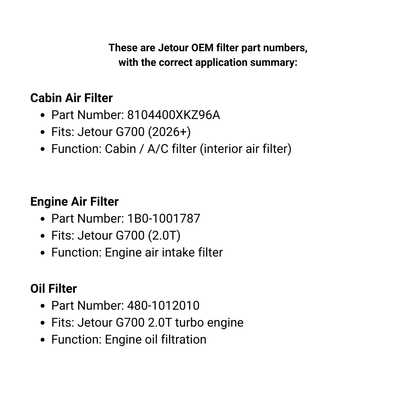 MOTOR FIT 3-in-1 Filter Service Kit for Jetour G700 (2026+), Cabin Air Filter + Engine Air Filter + Oil Filter, Complete Maintenance Replacement Set