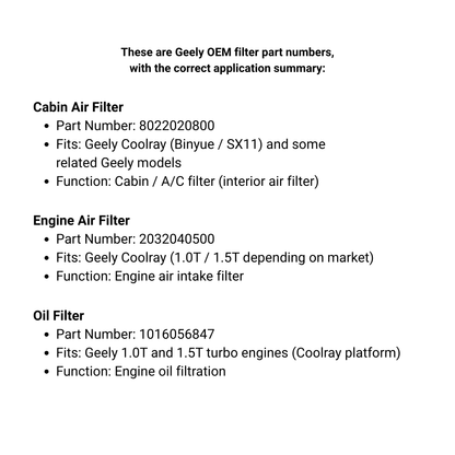 MOTOR FIT 3-in-1 Filter Service Kit for Geely Coolray (2021-2026), Cabin Air Filter + Engine Air Filter + Oil Filter, Complete Maintenance Replacement Set