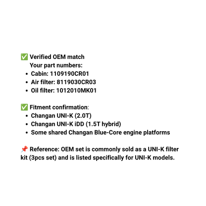 MOTOR FIT 3-in-1 Filter Service Kit for Changan Uni K (2021-2026), Cabin Air Filter + Engine Air Filter + Oil Filter, Complete Maintenance Replacement Set