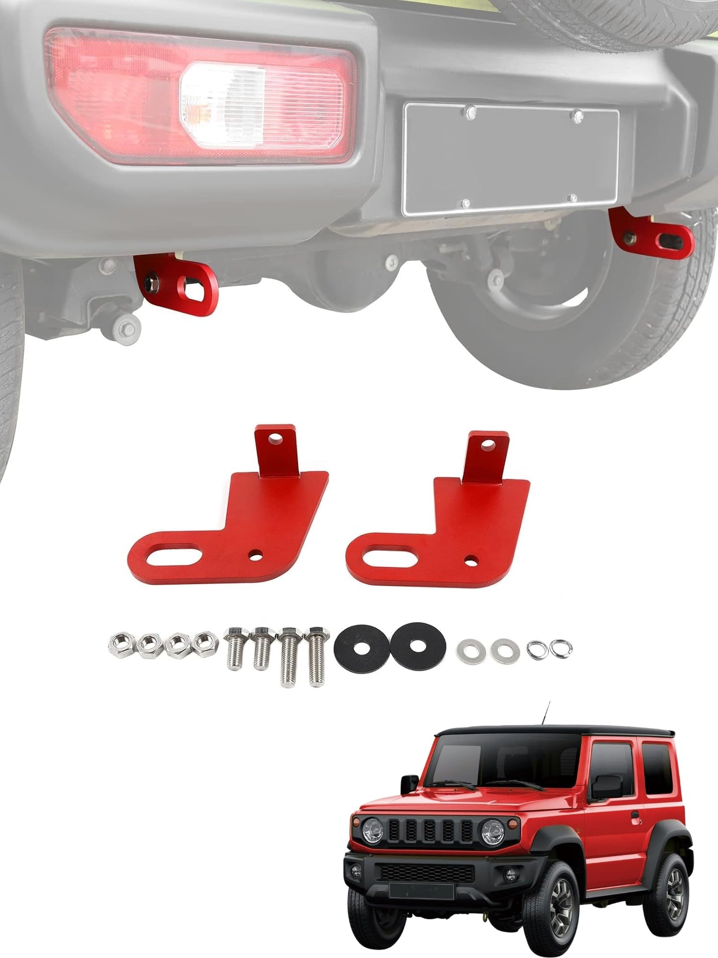 jimny rear tow hook, suzuki jimny recovery hook, red tow hook jimny, rear tow hook bolt-on, jimny off-road tow hook, heavy-duty steel tow hook jimny, jimny 2018-2025 rear hook, factory fit rear tow hook, jimny recovery gear, suzuki jimny accessories, no-drill tow hook jimny, off-road recovery hook jimny, suzuki jimny rear towing point, jimny steel recovery hook, rugged red tow hook.