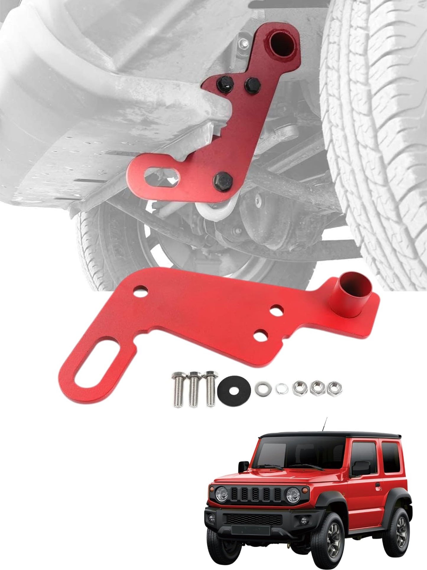 jimny front tow hook, suzuki jimny red tow hook, front recovery hook jimny, jimny bolt-on tow hook, no-drill tow hook jimny, suzuki jimny recovery accessories, heavy-duty steel hook jimny, jimny 2018-2025 front hook, jimny off-road towing point, red steel front hook jimny, suzuki jimny towing gear, jimny front recovery point, factory fit tow hook jimny, off-road gear for suzuki jimny, rugged red front tow hook.